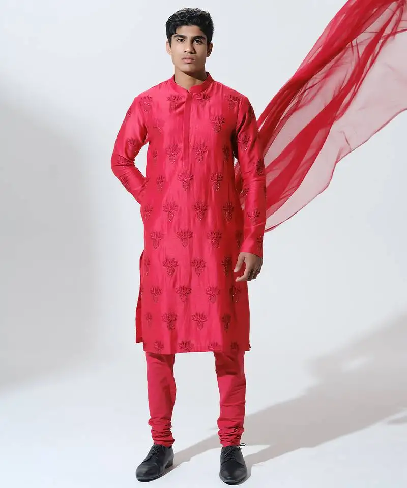 Red woven cotton kurta pajama