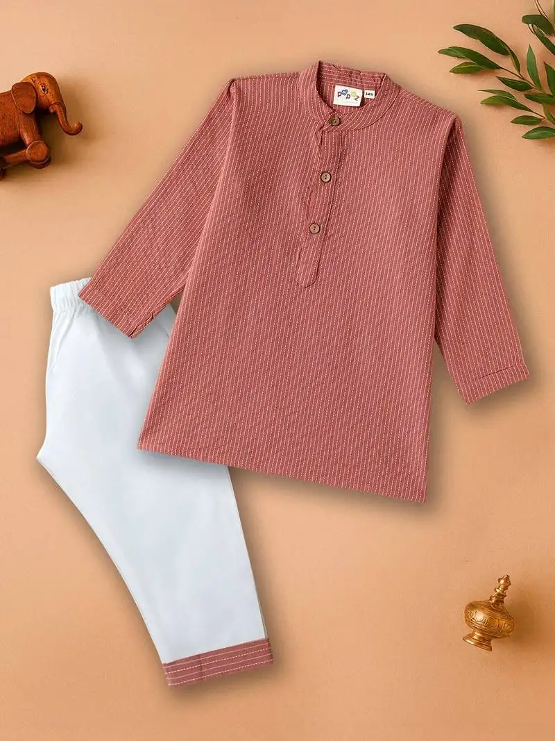 Boys brown middle cut katha woven design cotton kurta pyjama set