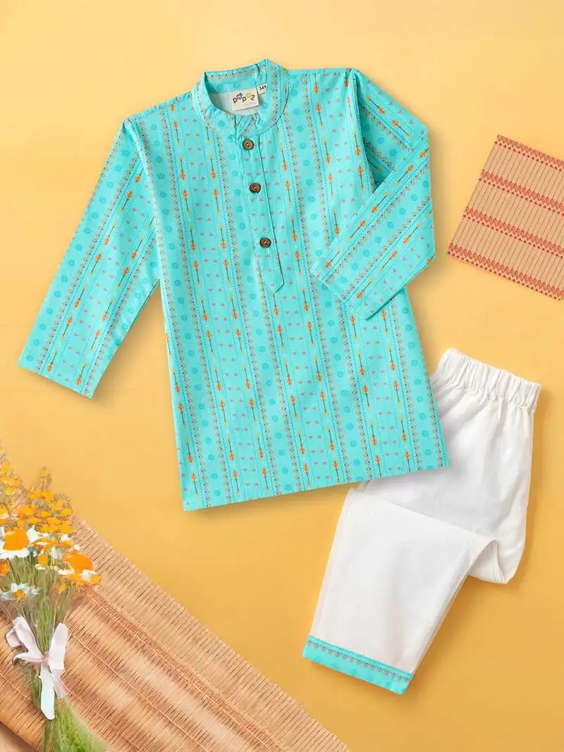 Boys blue tribal strings printed cotton kurta pyjama set