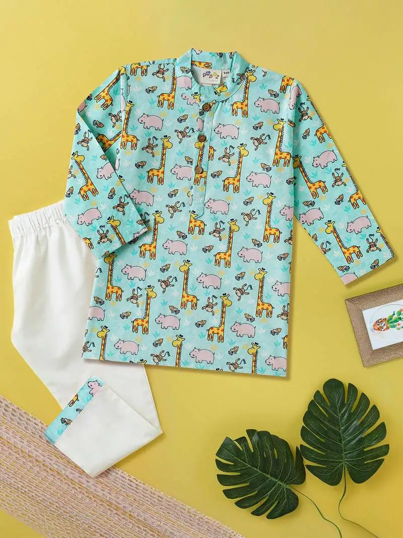 Boys teal hippo and giraffe printed cotton kurta pyjama set