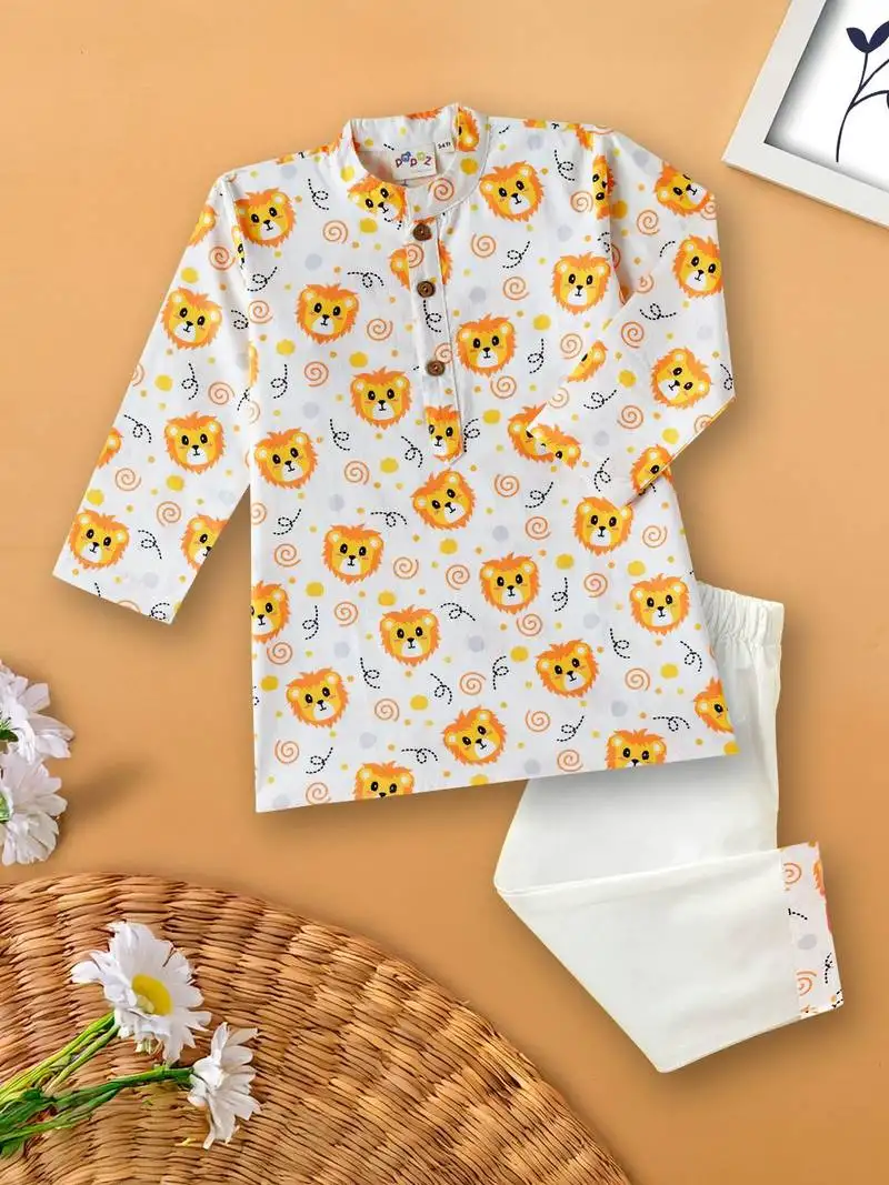 Boys white lion faces printed cotton kurta pyjama set