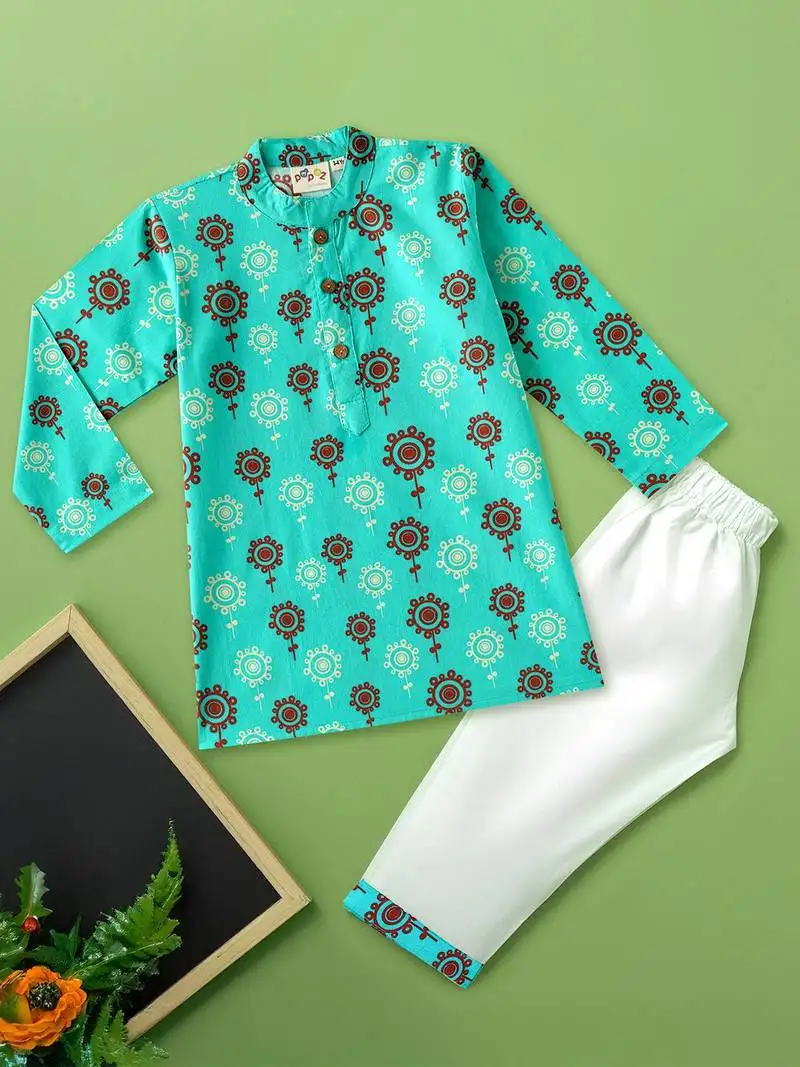 Boys teal floral motif printed cotton kurta pyjama set