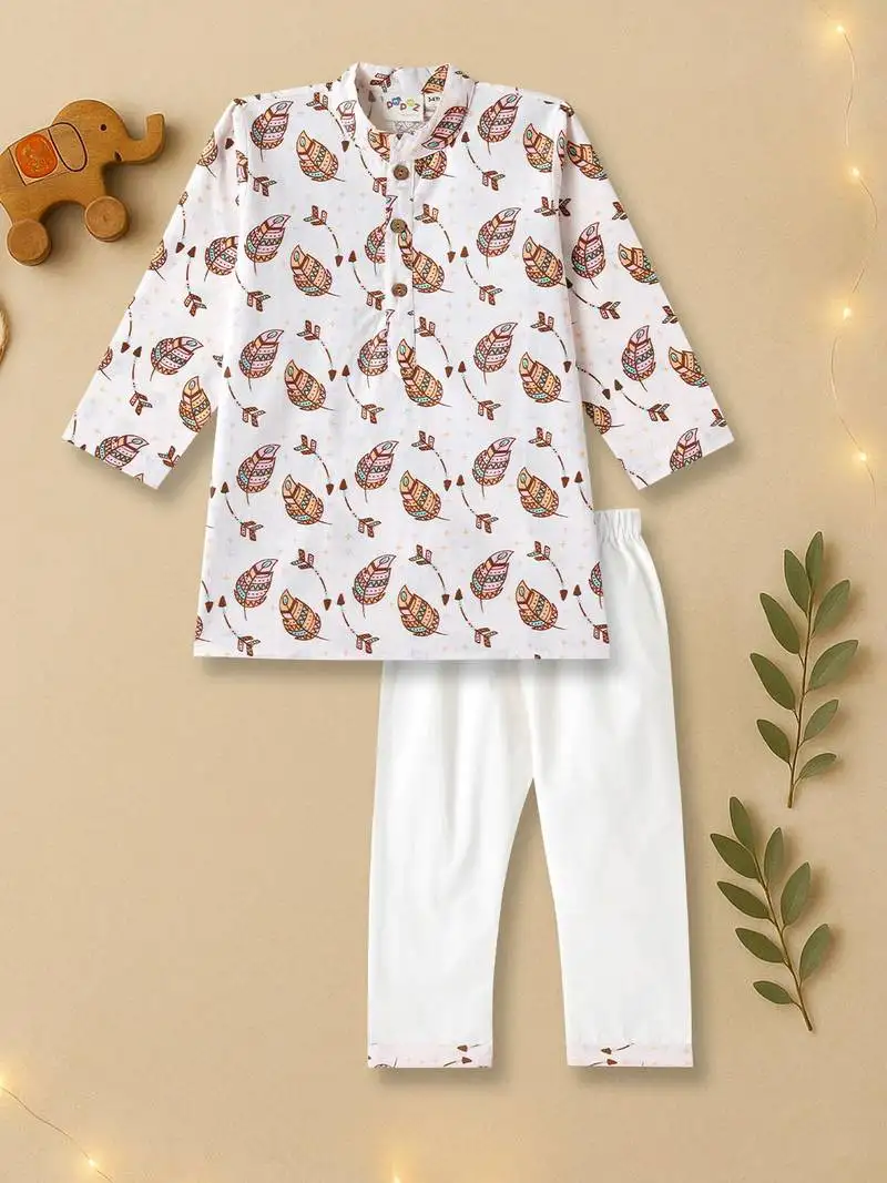Boys cream tribal leaves printed cotton kurta pyjama set