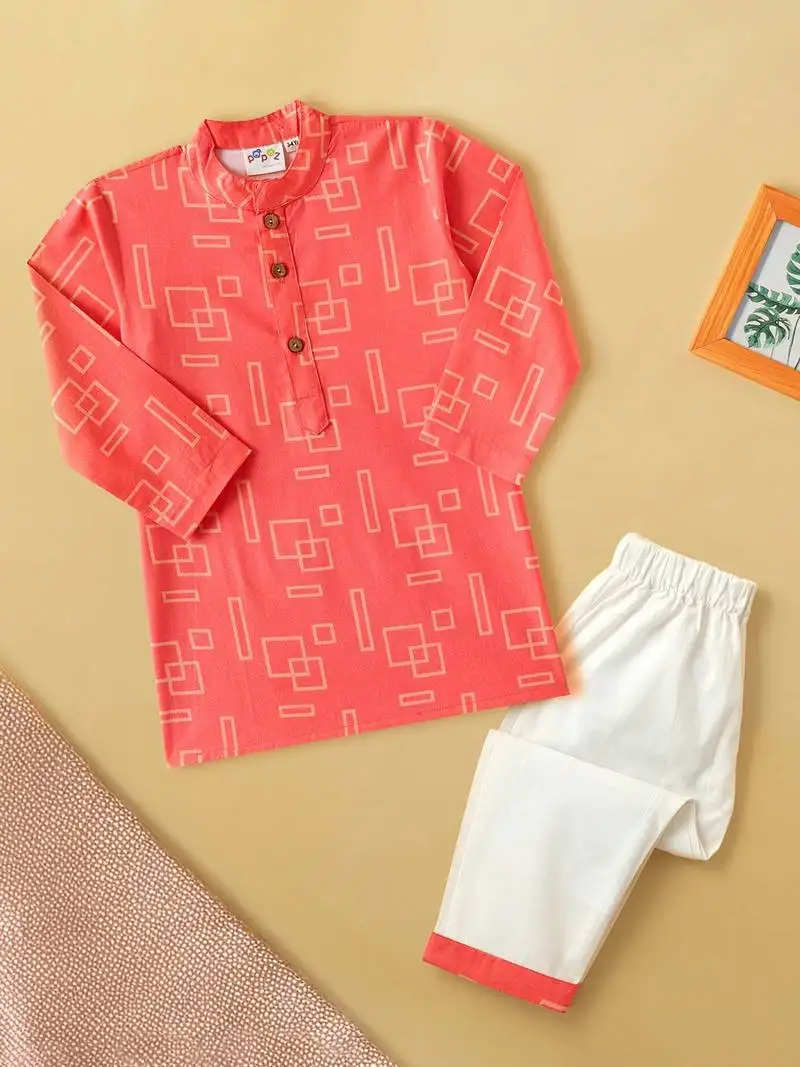 Boys coral geometric boxes printed cotton kurta pyjama set
