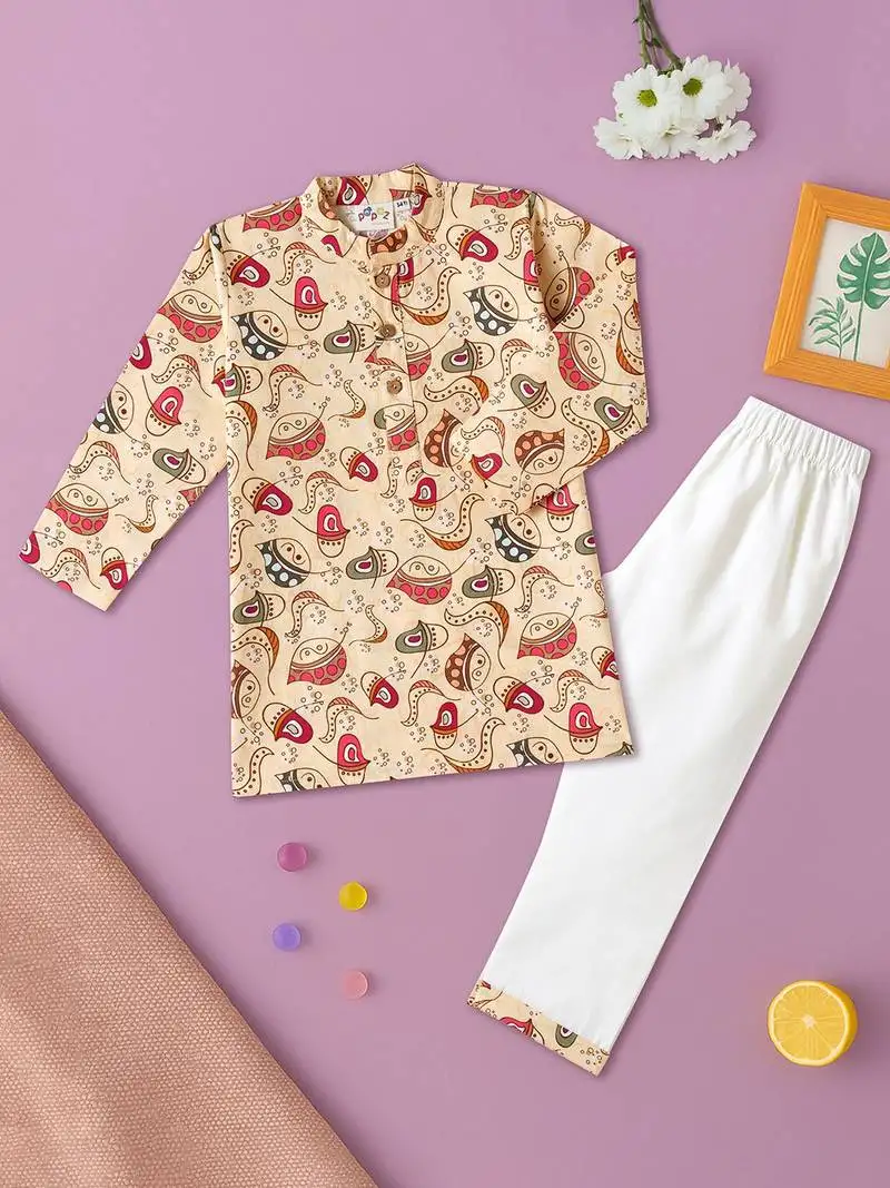 Boys beige toy paisley printed cotton kurta pyjama set