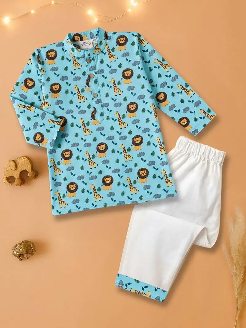 Boys blue lion and giraffe printed cotton kurta pyjama set