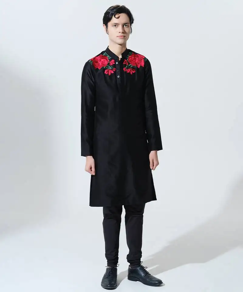 Black woven cotton kurta pajama