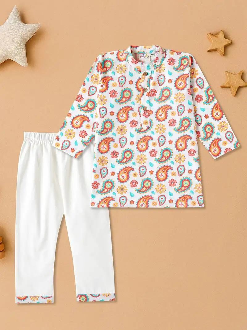 Boys cream floral paisley printed cotton kurta pyjama set