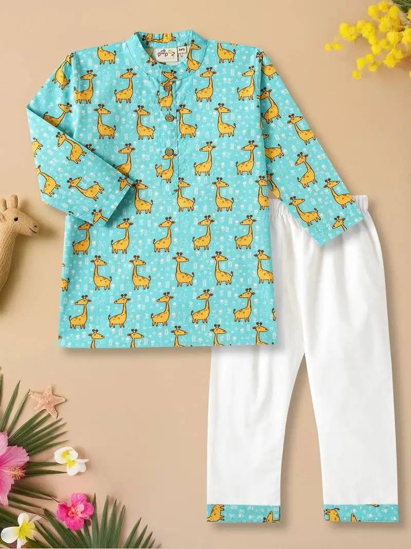Boys aqua llama printed cotton kurta pyjama set