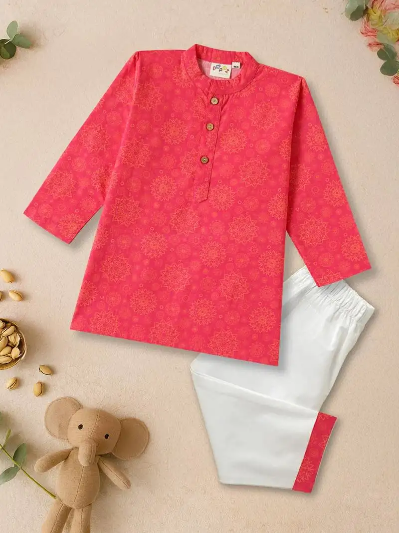 Boys pink floral mandala motif printed cotton kurta pyjama set