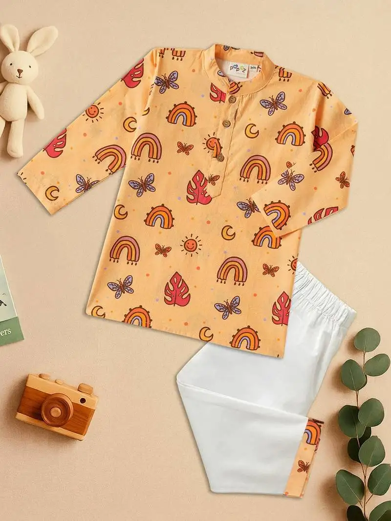 Boys yellow rainbow and butterfly printed cotton kurta pyjama set
