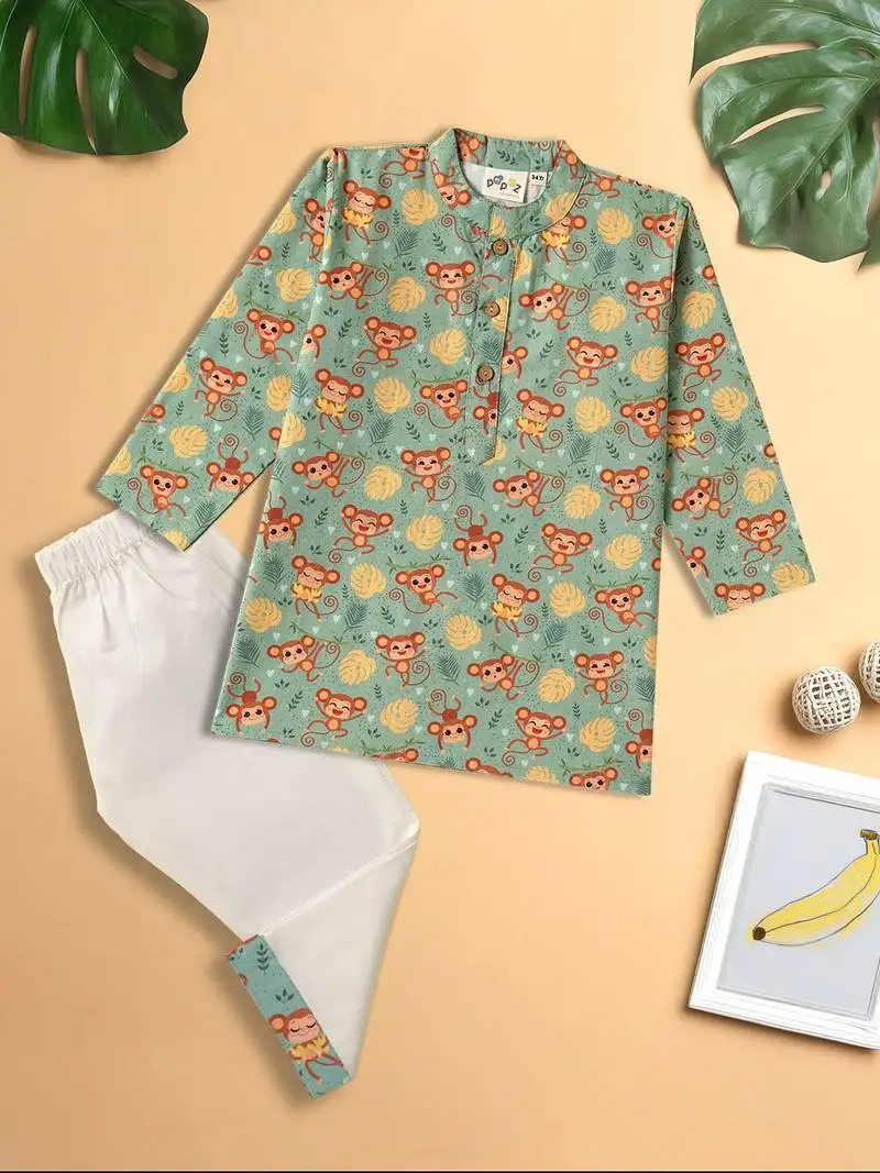 Boys green monkey printed cotton kurta pyjama set