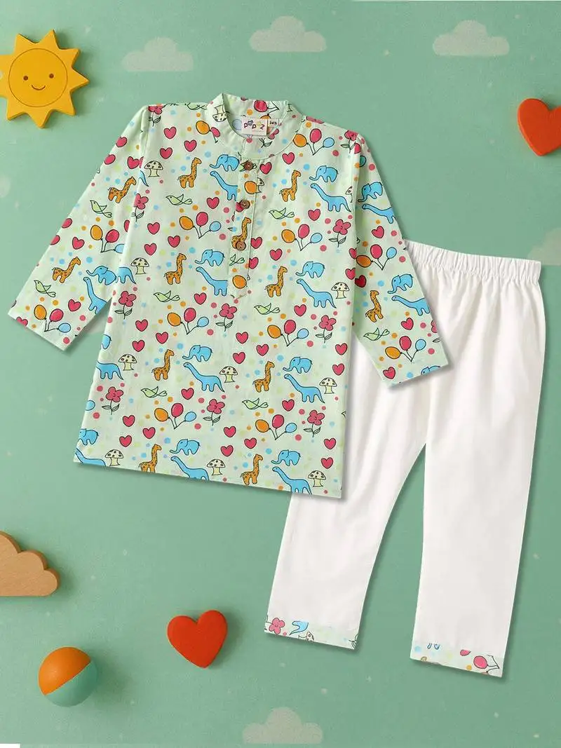 Boys green aninal world printed cotton kurta pyjama set