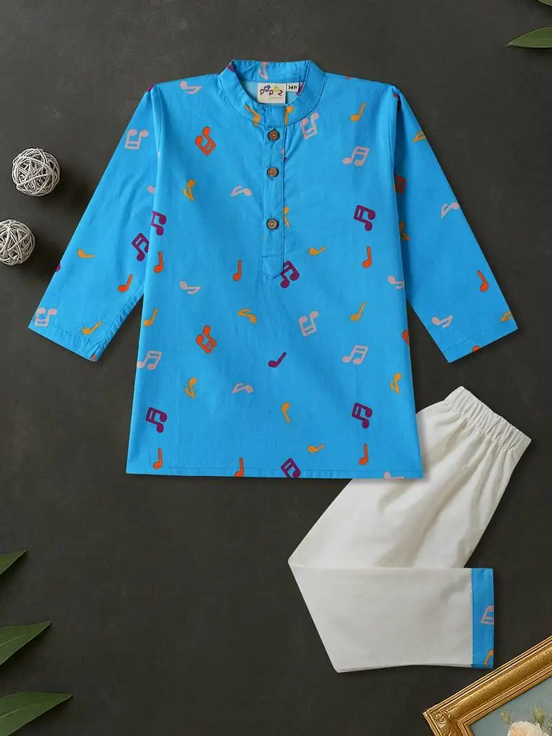 Boys blue musical notes printed cotton kurta pyjama set