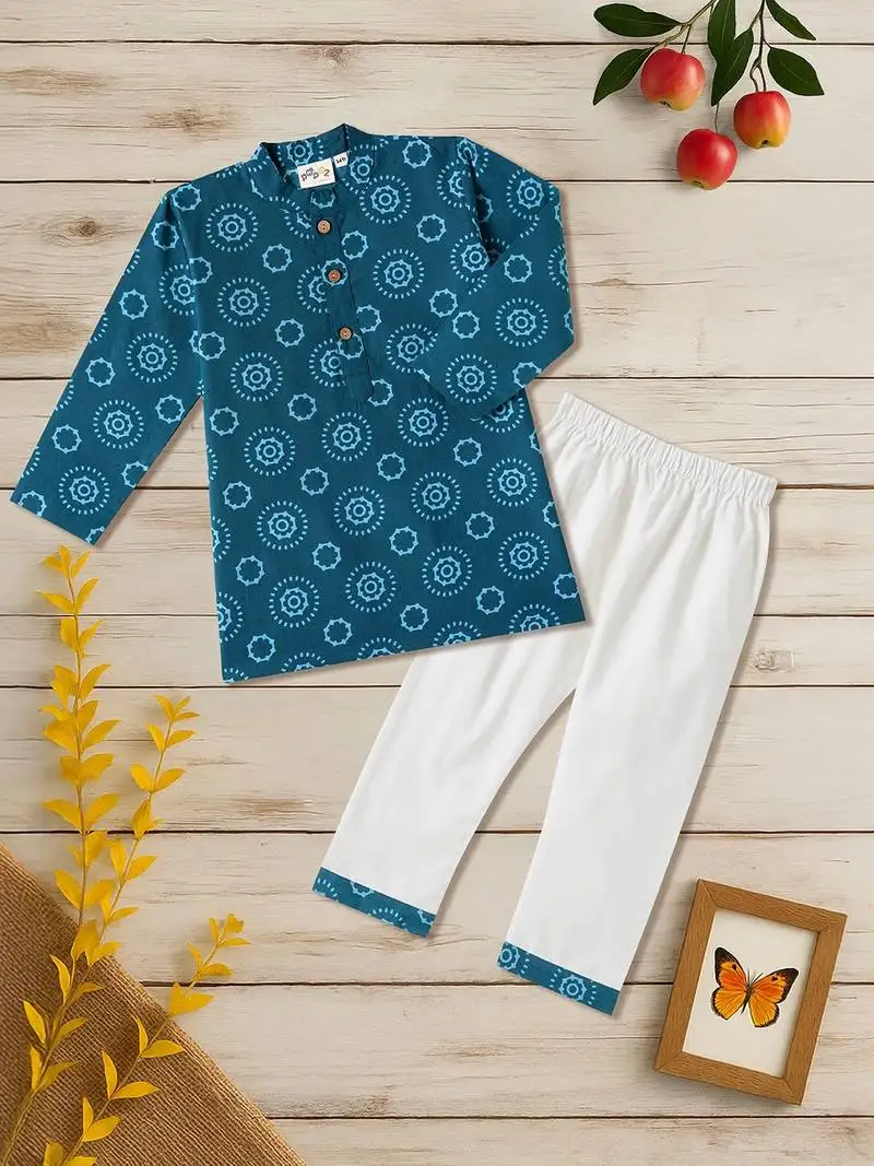 Boys blue mandala circles printed cotton kurta pyjama set