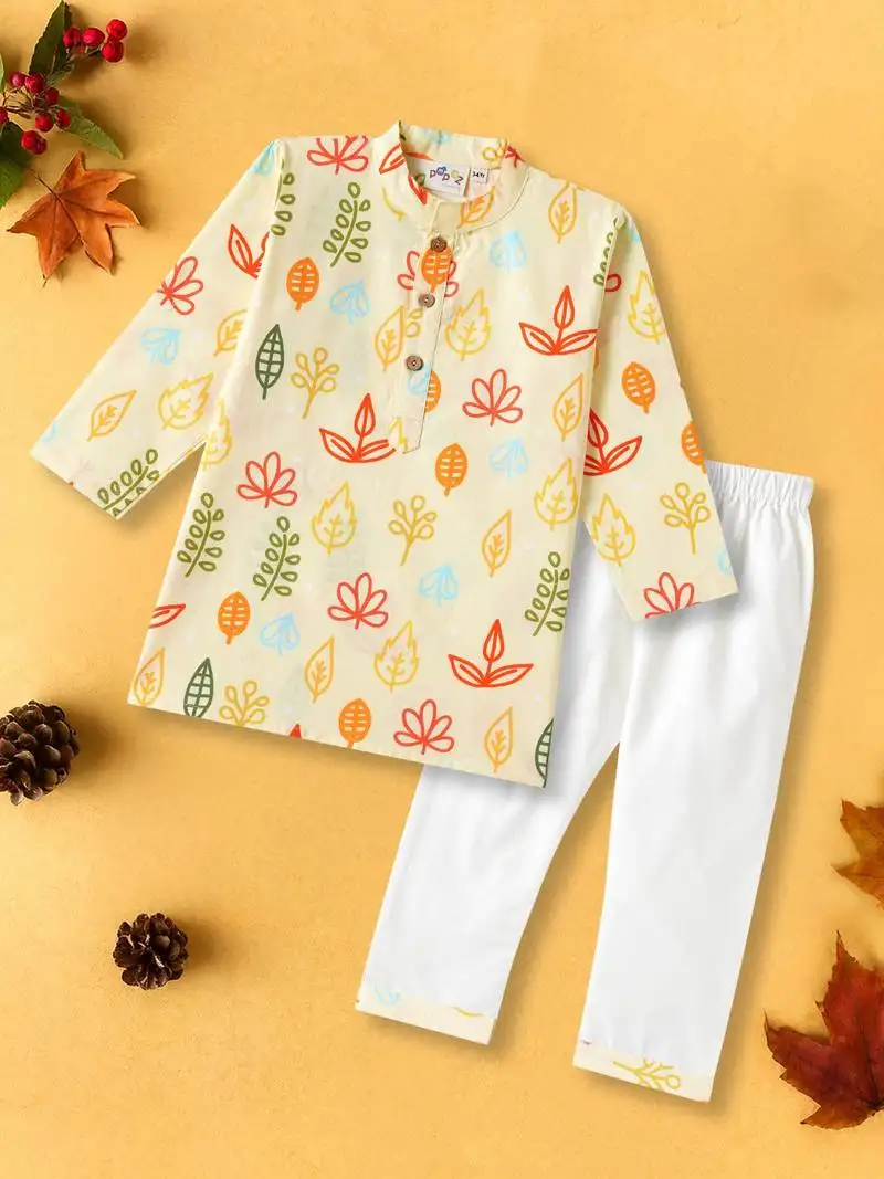 Boys yellow fern leaves printed cotton kurta pyjama set