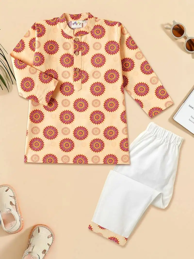 Boys beige floral motif printed cotton kurta pyjama set