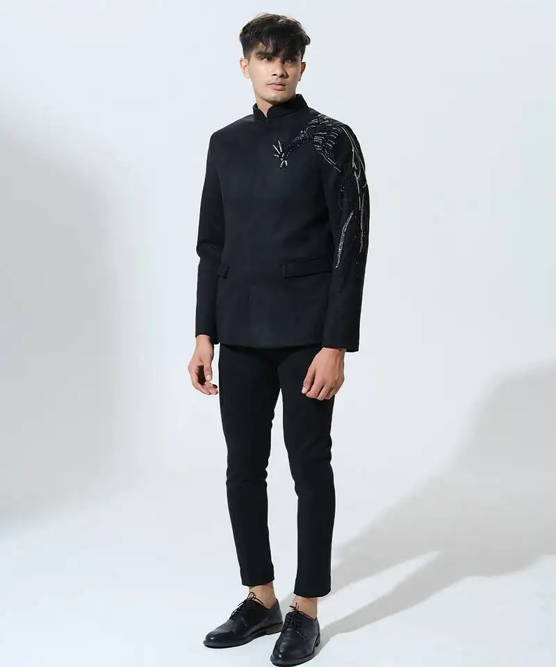 Black woven polyester bandhgala set