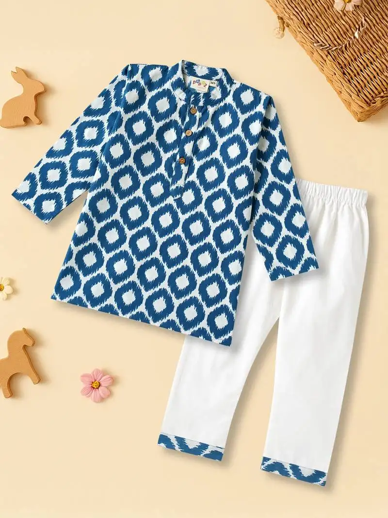 Boys blue ikat printed cotton kurta pyjama set
