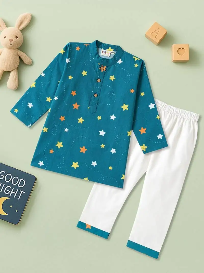 Boys teal stars printed cotton kurta pyjama set