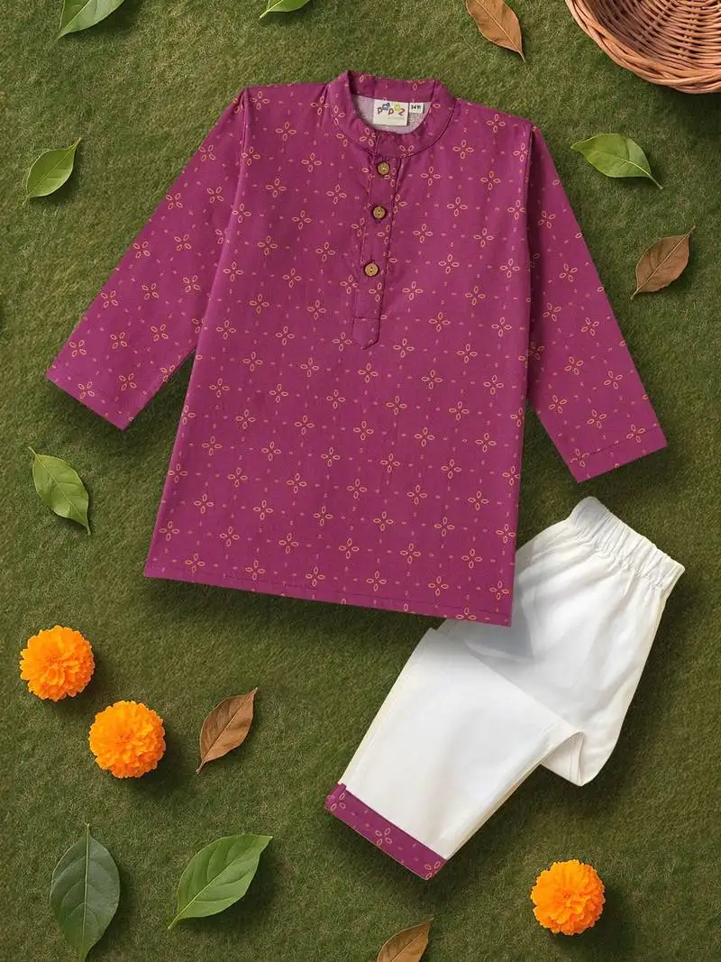 Boys magenta geometric floral printed cotton kurta pyjama set