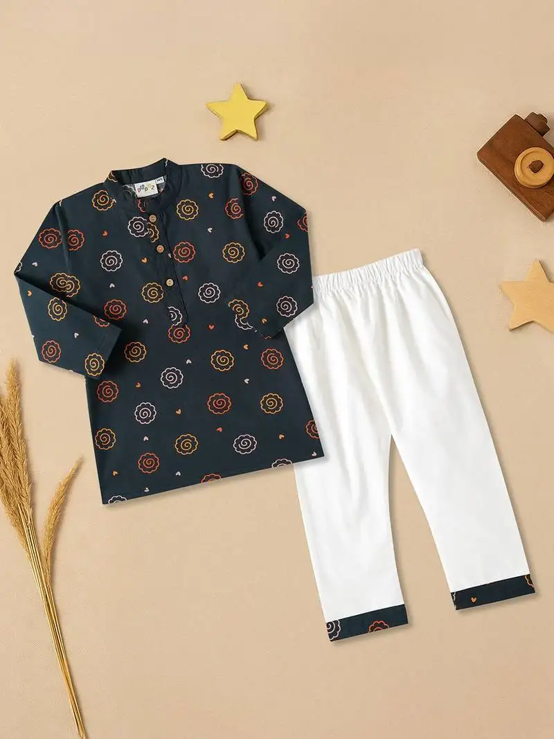 Boys blue floral printed cotton kurta pyjama set