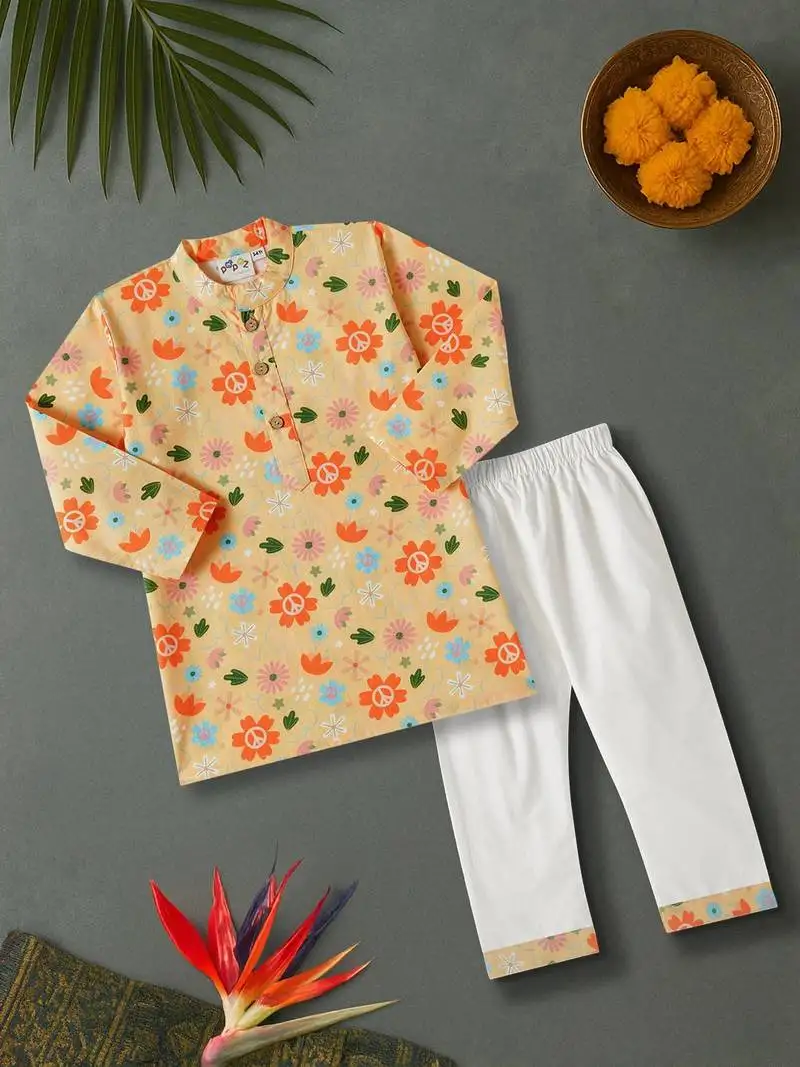 Boys beige floral garden printed cotton kurta pyjama set