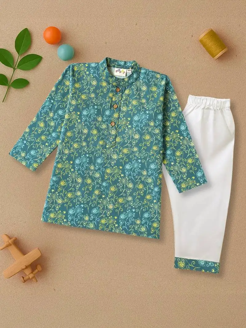 Boys teal floral vine printed cotton kurta pyjama set