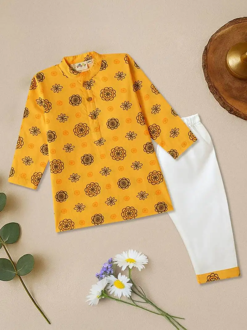 Boys yellow floral motif printed cotton kurta pyjama set