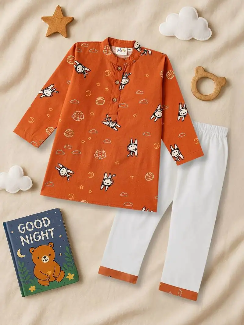 Boys rust planet and astronaut printed printed cotton kurta pyjama set