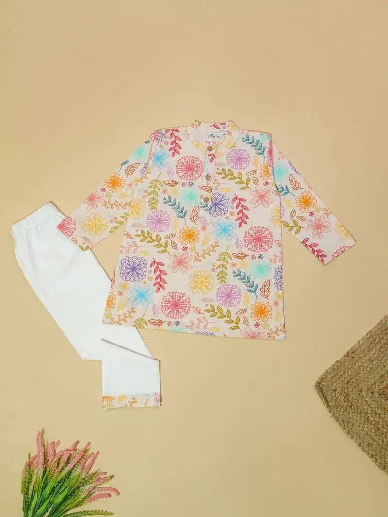 Boys multicolor floral printed cotton kurta pyjama set