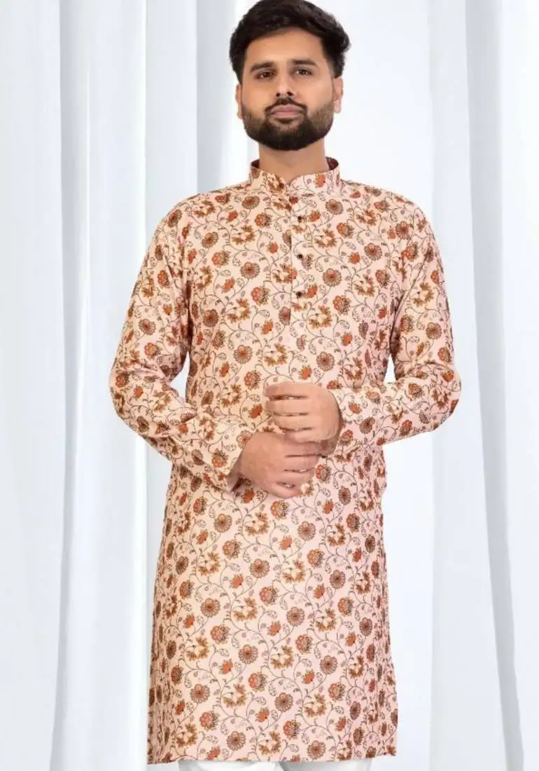 Beige floral printed soft cotton kurta pajama for men   ethnic wear with white cotton pajama