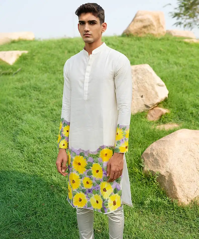White printed chanderi kurta pajama