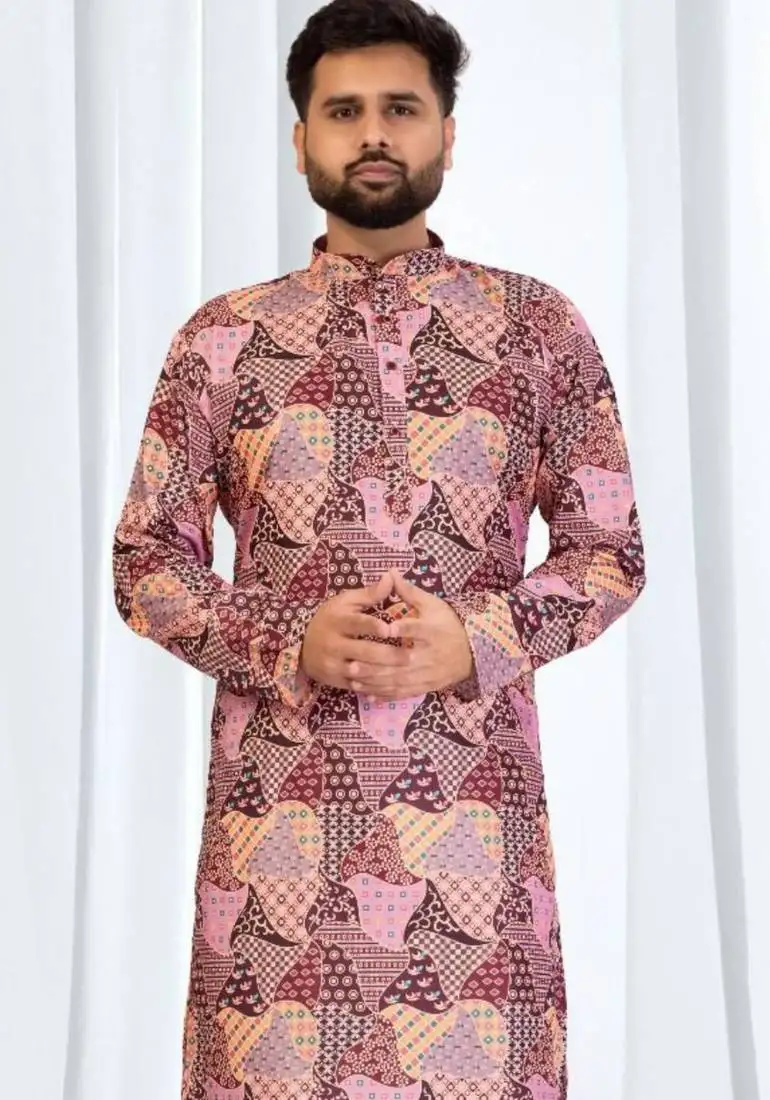 Multi-color patchwork printed soft cotton kurta pajama for men stylish festive wear with white cotton pajama