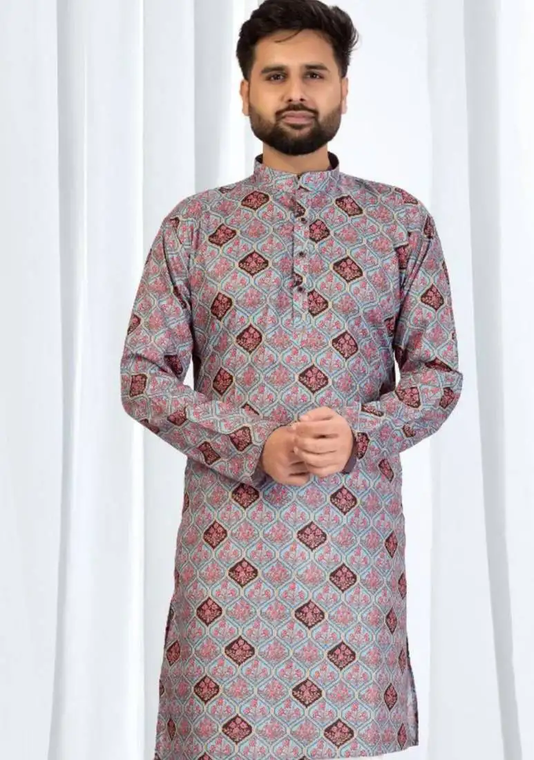 Multicolor geometric printed soft cotton kurta pajama for men traditional festive wear with white cotton pajama