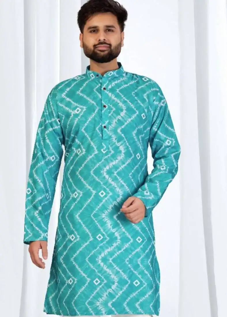 Teal blue zig-zag printed soft cotton kurta pajama for men stylish ethnic wear with white cotton pajama