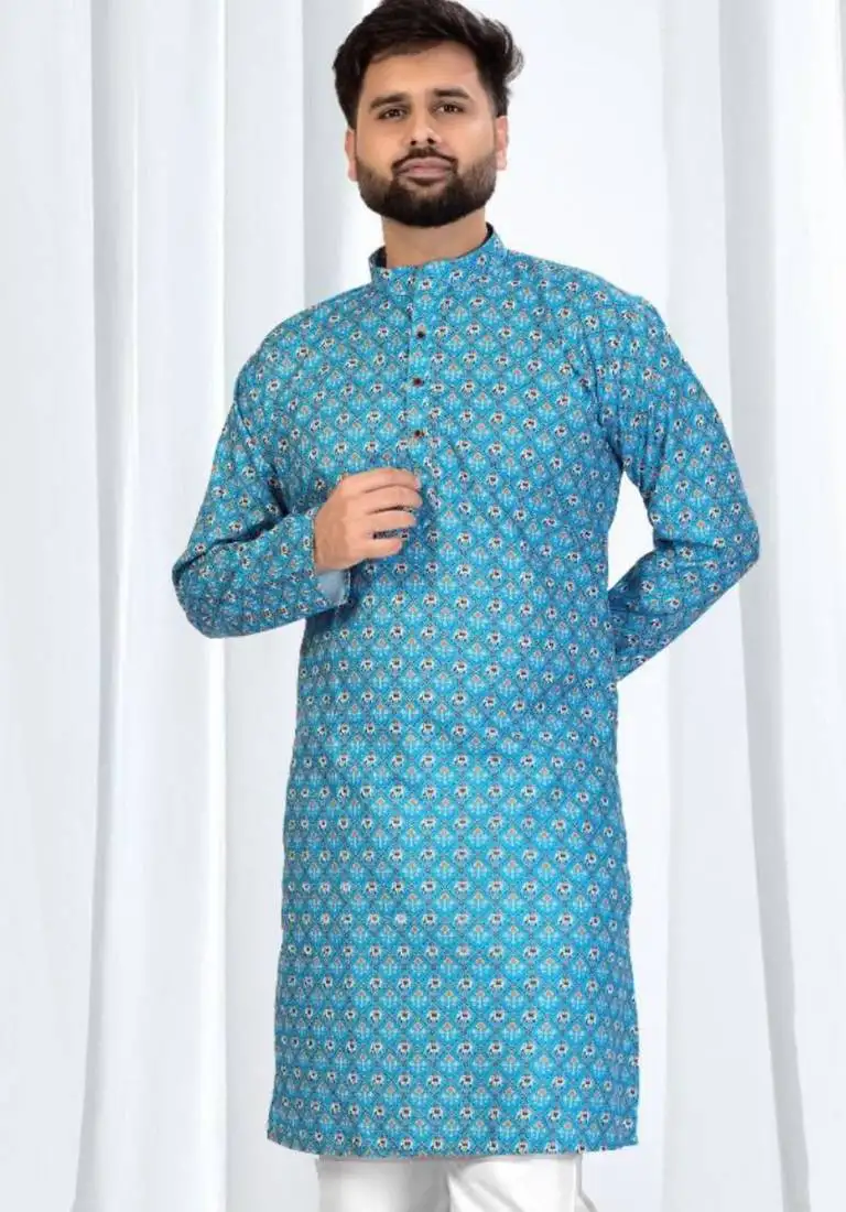 Sky blue floral printed soft cotton kurta pajama for men traditional festive wear with white cotton pajama