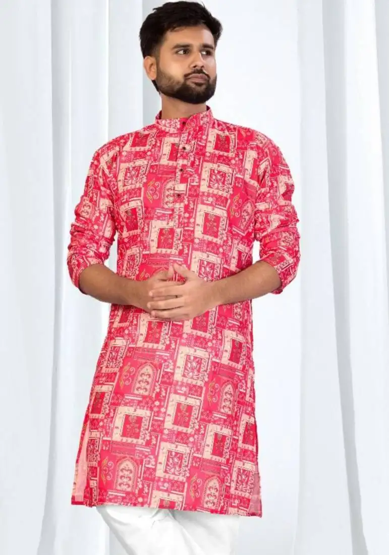 Pink patch printed soft cotton kurta pajama for men vibrant ethnic wear with white cotton pajama