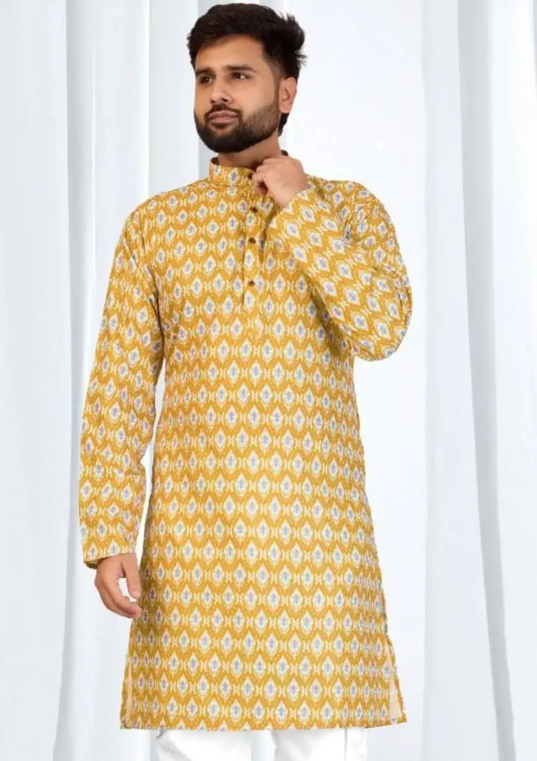 Mustard yellow soft cotton printed kurta with white cotton pajama