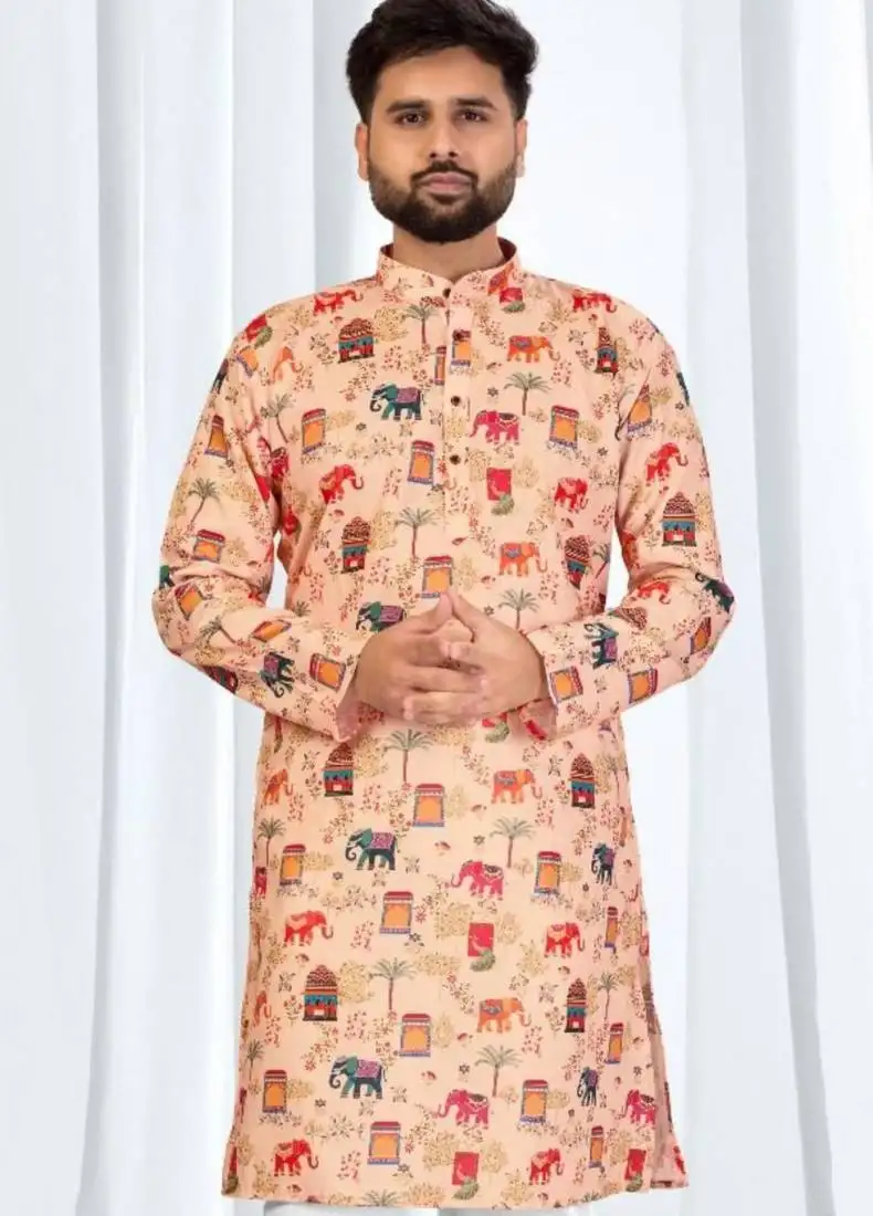 Peach soft cotton printed kurta with white cotton pajama