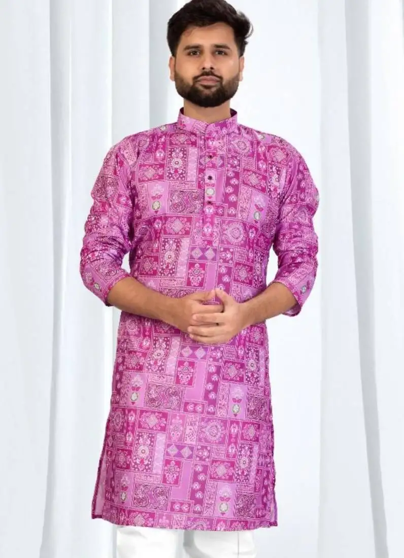 Magenta soft cotton printed kurta with white cotton pajama