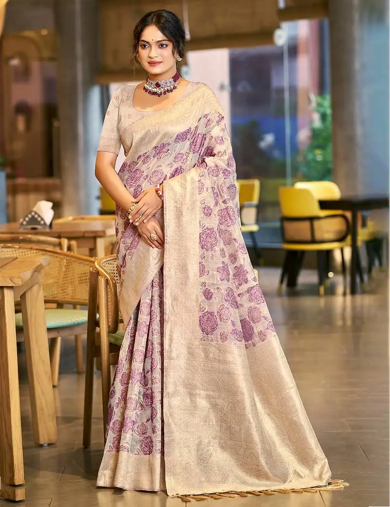 Sangam prints purple  cotton silk woven work traditional saree