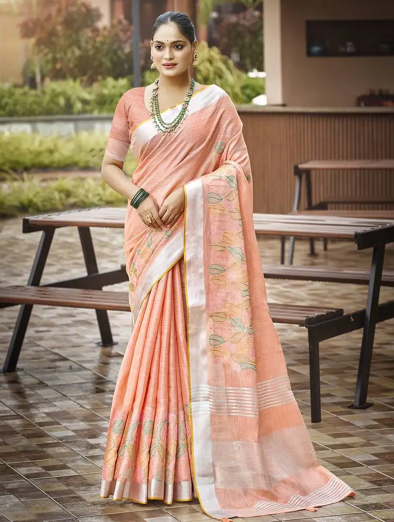 Sangam prints peach silk woven work traditional saree