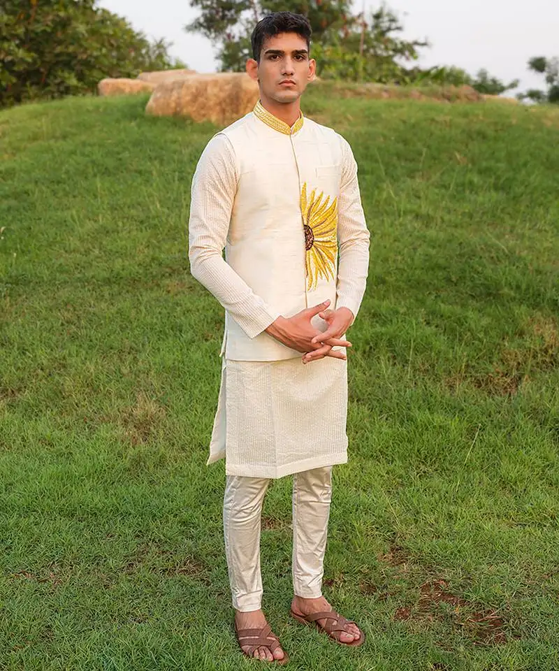 White printed chanderi nehru jacket set