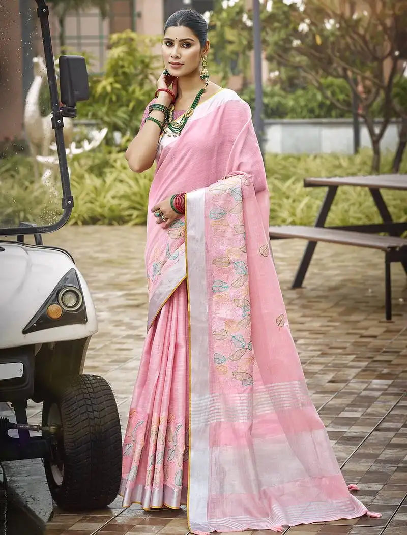 Sangam prints baby pink silk woven work traditional saree