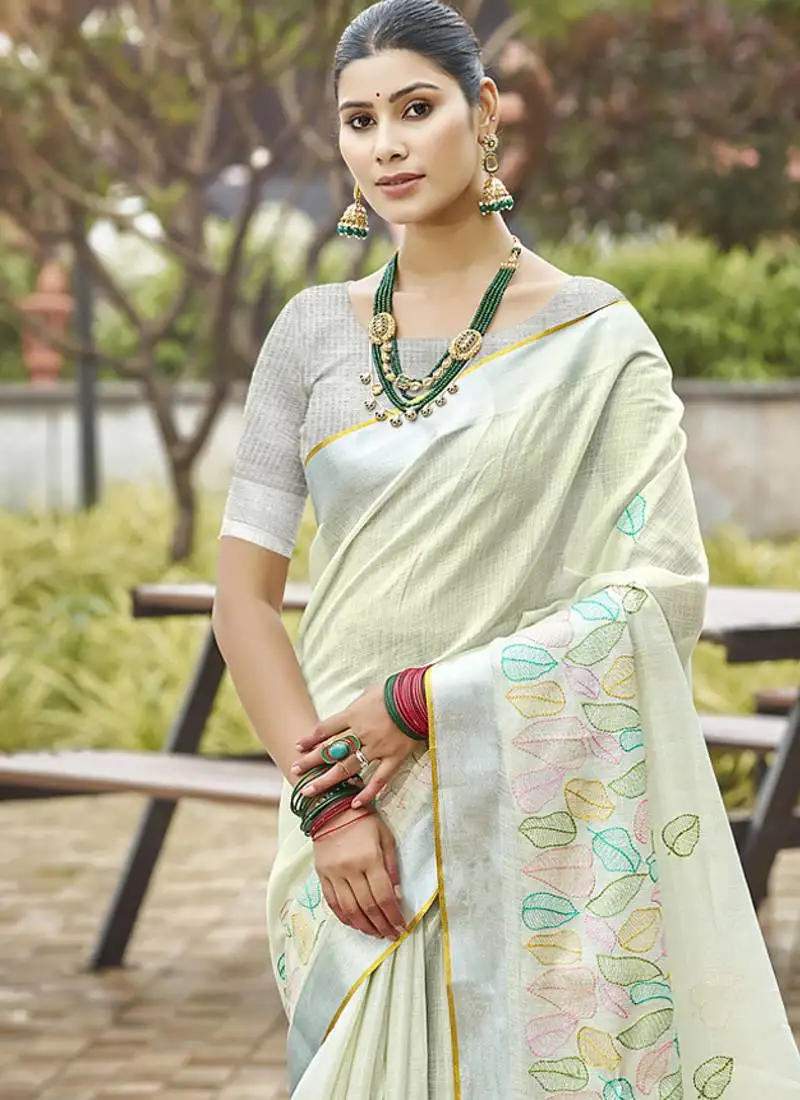 Sangam prints off-white silk woven work traditional saree