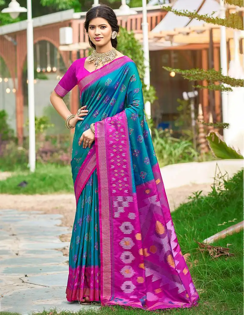 Sangam prints teal blue silk woven work traditional saree