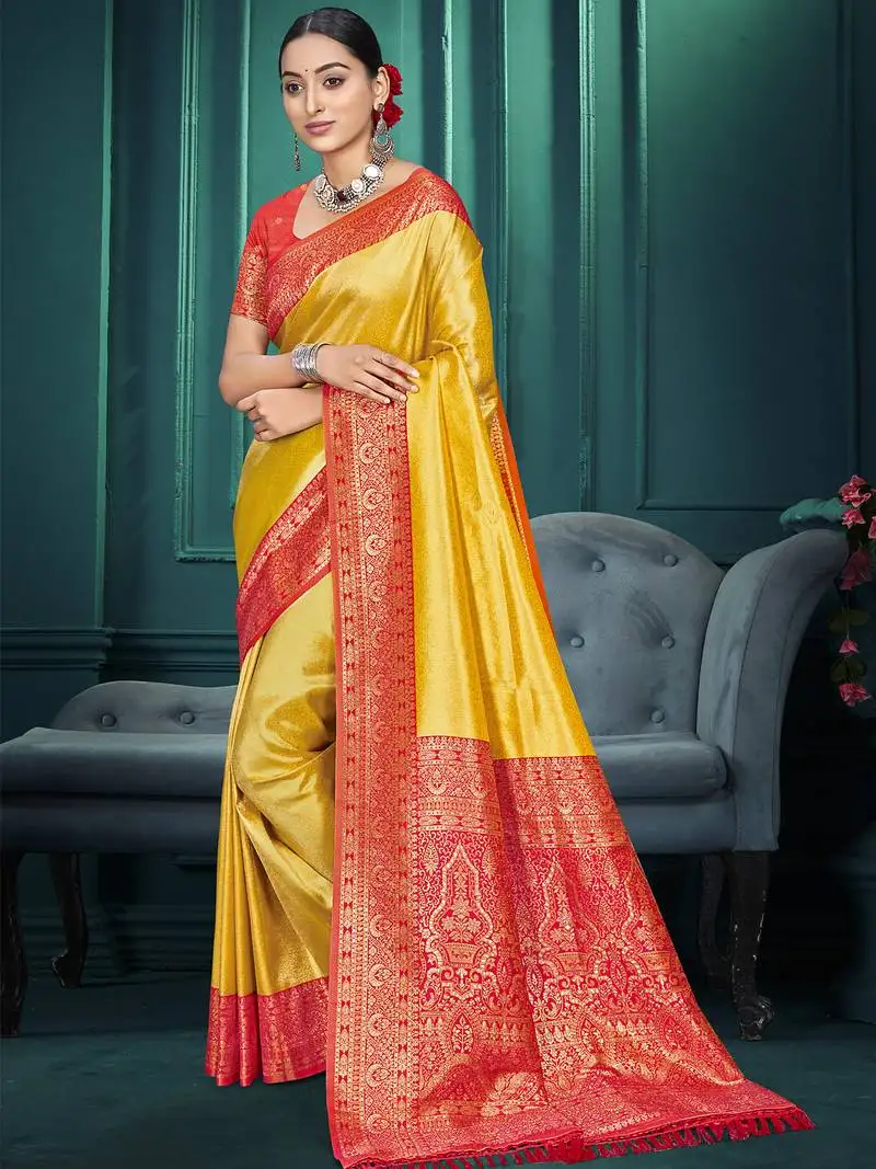 Sangam prints yellow kanjivaram silk woven work traditional saree