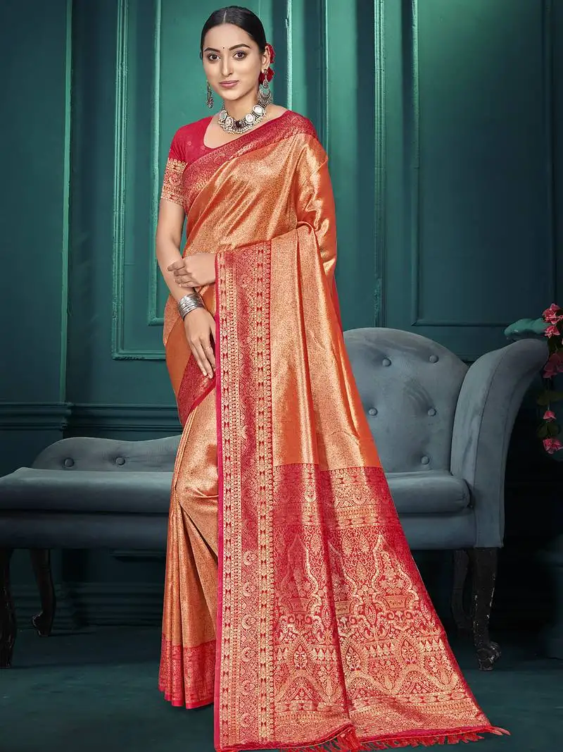 Sangam prints peach kanjivaram silk woven work traditional saree