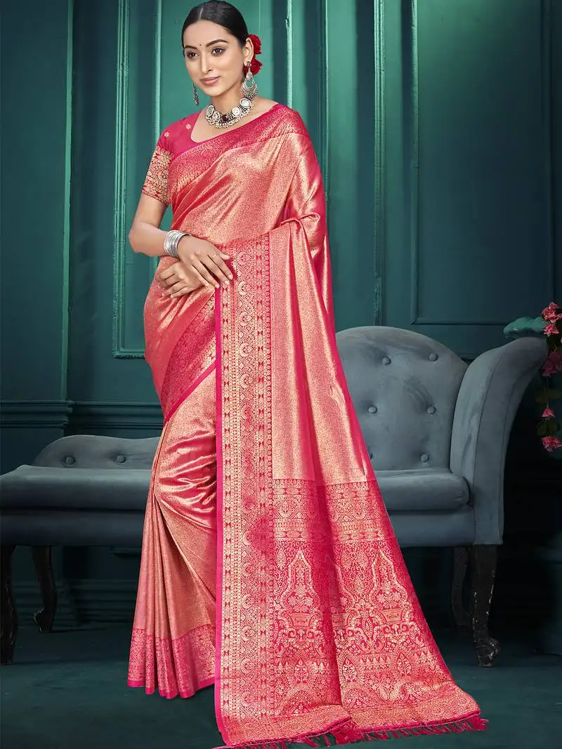 Sangam prints pink  kanjivaram silk woven work traditional saree